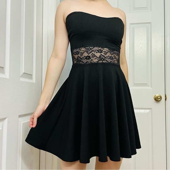 Y2K Dress Mini Black Strapless Cut Out Lace Waist Black Grunge A-line Medium - Picture 7 of 7